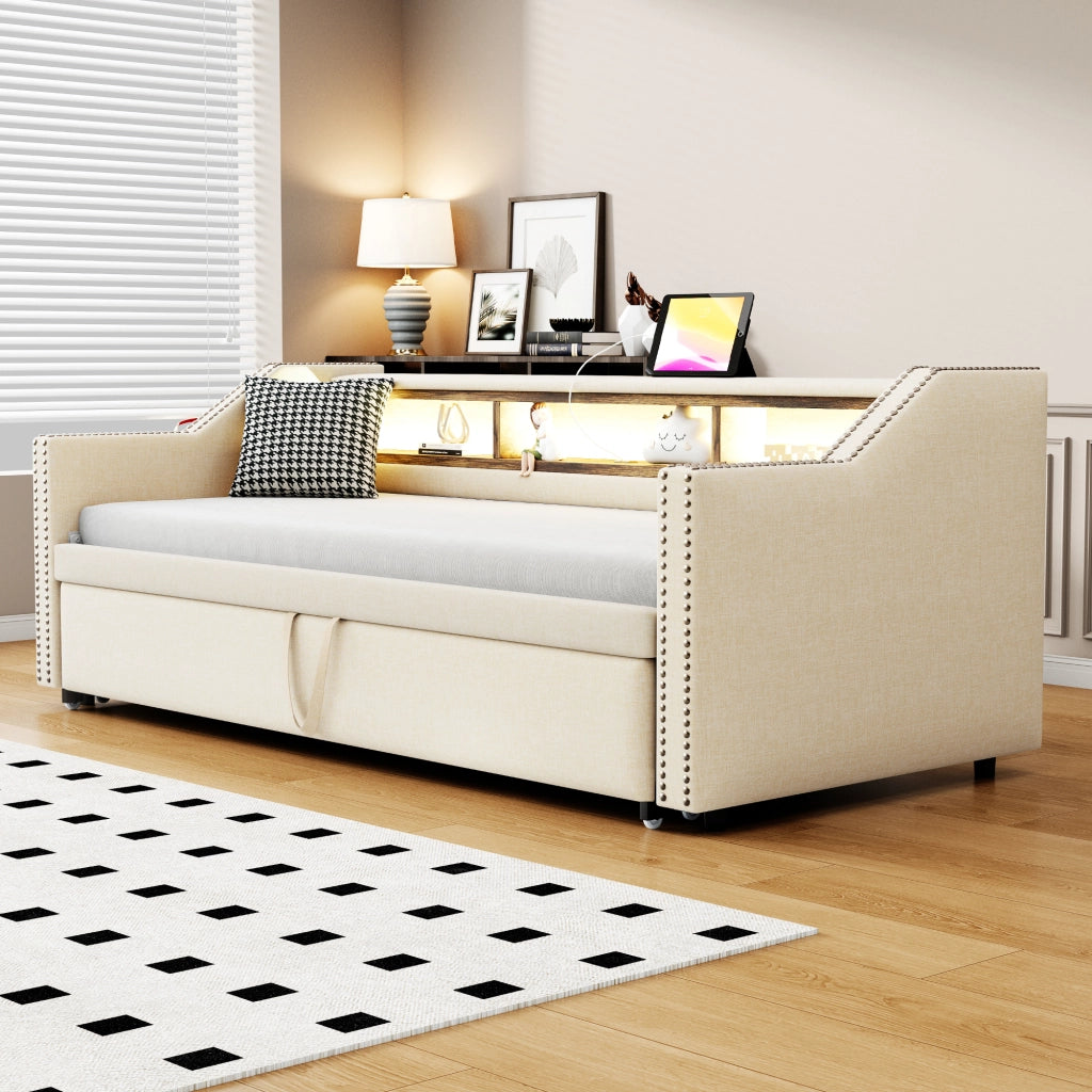 Divano letto estraibile 90x190 cm beige in lino con LED e presa USB