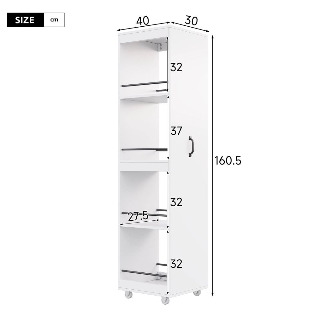 Libreria stretta 40x30x160;5 cm in MDF bianco con ruote e barre di protezione