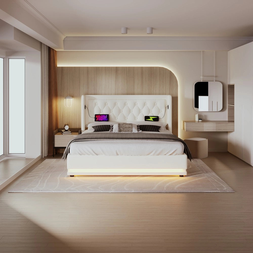 Letto Contenitore Imbottito Matrimoniale LED con USB ¨C MINIMAL ¨C Bianco, 140x200, Idraulico