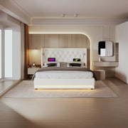 Letto Contenitore Imbottito Matrimoniale LED con USB ¨C MINIMAL ¨C Bianco, 140x200, Idraulico