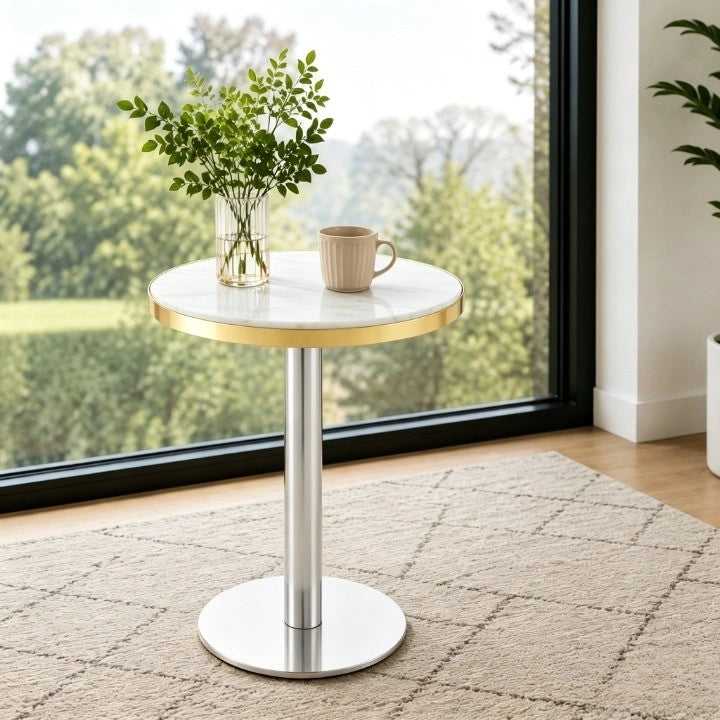 Tavolo da giardino bistrot rotondo con base stabile, effetto marmo e bordo dorato, per balcone, bianco, 60 × 73,7 cm
