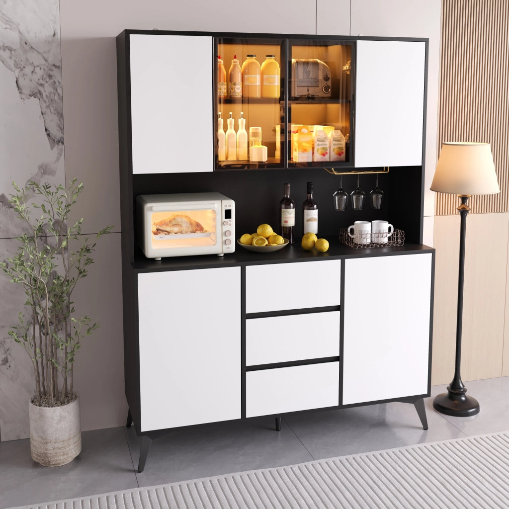 Cristalliera con LED regolabile via app portabicchieri dorato 4 ante 3 cassetti MDF bianco e nero 120 × 40 × 160 cm