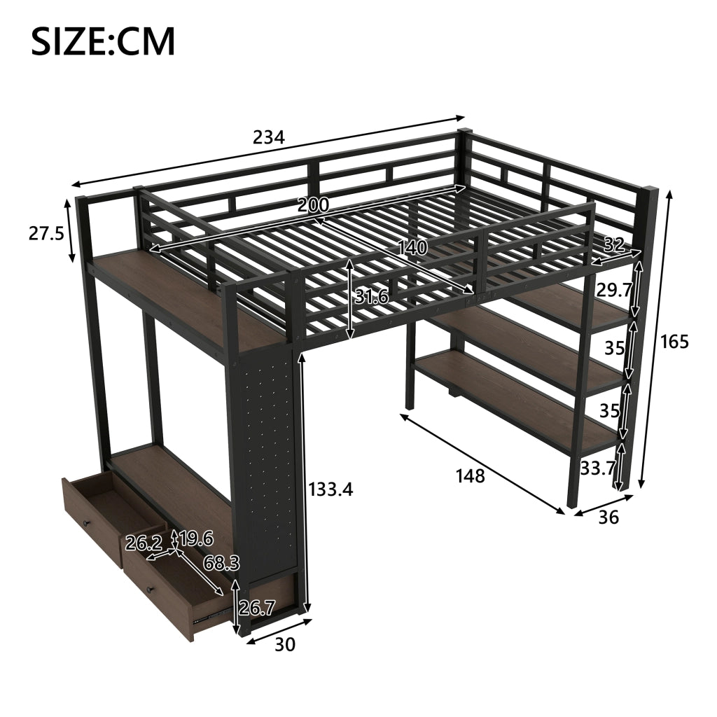 Letto a soppalco 140x200 cm con armadio aperto e LED in MDF e metallo nero