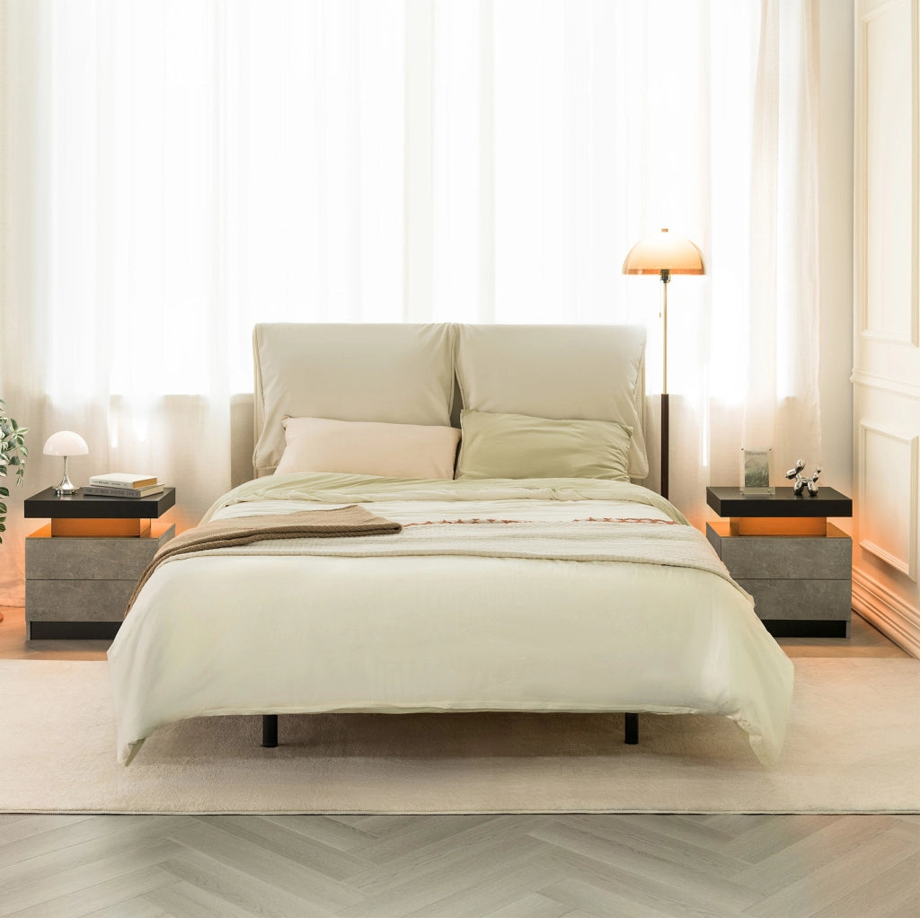 Comodino LED grigio con 2 cassetti e vano a giorno