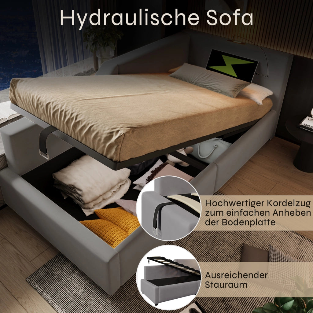 Letto contenitore 90 × 200 cm con rete a doghe idraulica rivestito in velluto grigio con luce da lettura USB-C