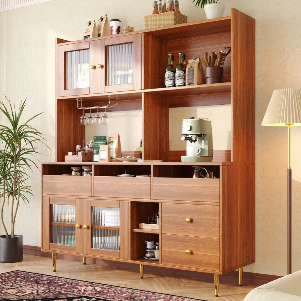 Vetrina alta ristorante 145x39x171 cm, design moderno con porta vetro Changhong, ripiano bicchieri vino, ampio spazio contenitivo, struttura legno e decori oro