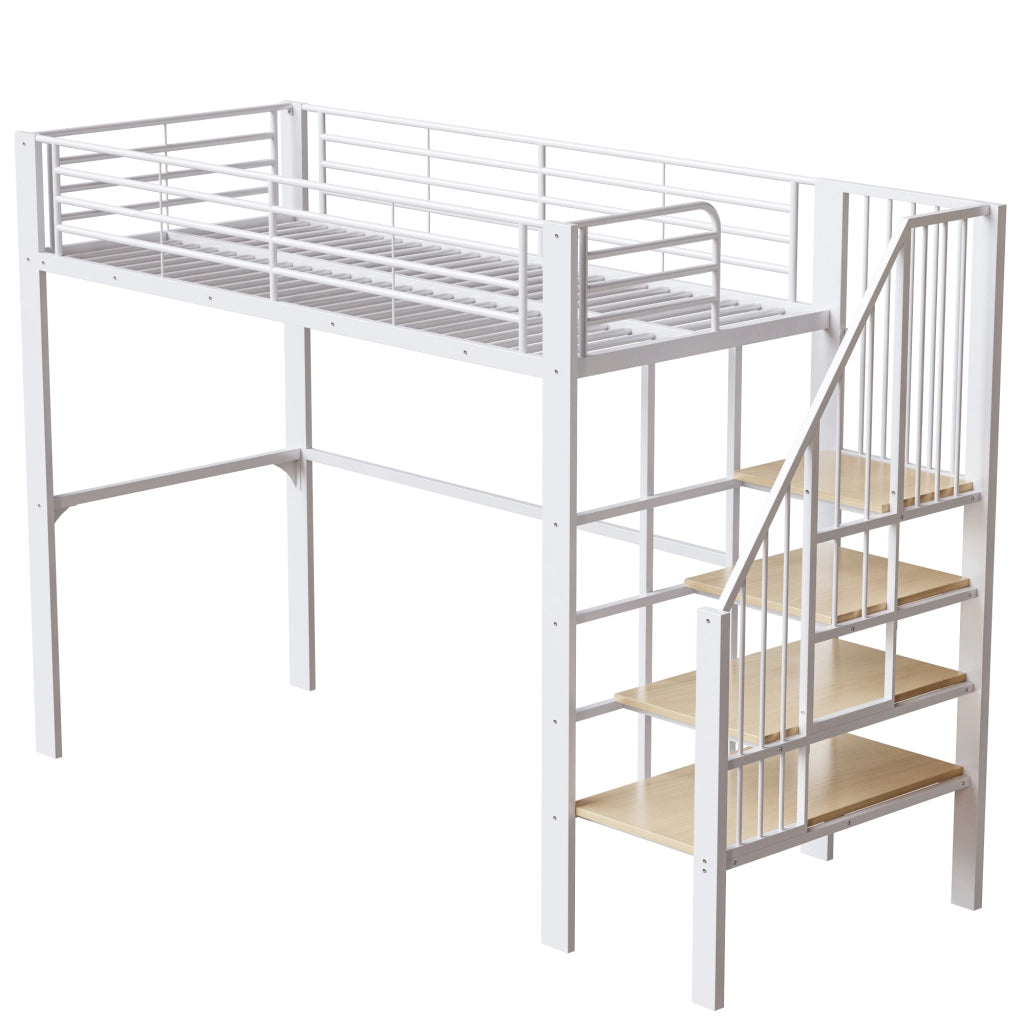 Letto a soppalco in metallo con scala e contenitore, 90x200 cm