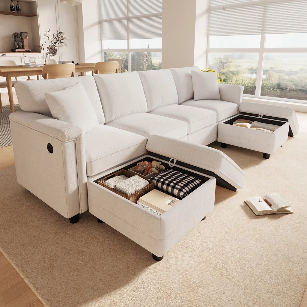 Divano modulare in ciniglia beige 261x134x82 cm con 2 pouf contenitore e 2 cuscini