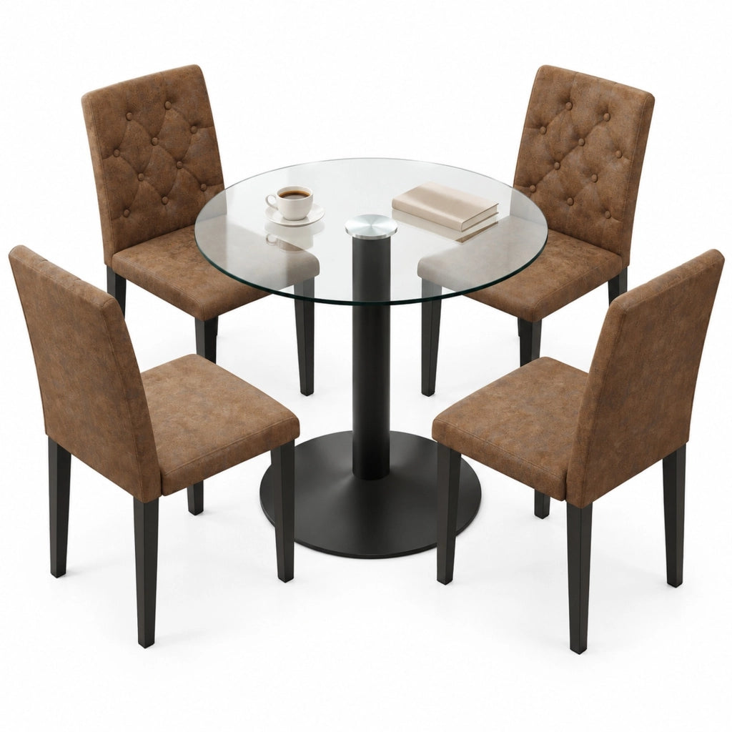 Set da pranzo moderno con tavolo rotondo in vetro Ø 85 cm e 4 sedie in similpelle marrone retrò