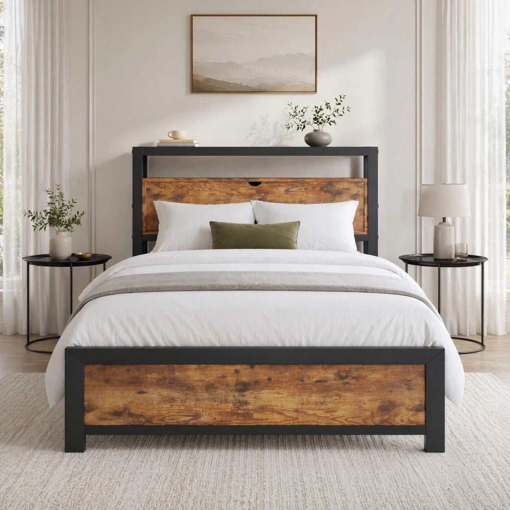 Letto singolo 90 × 200 cm con testiera contenitore e rete a doghe in metallo legno naturale industriale