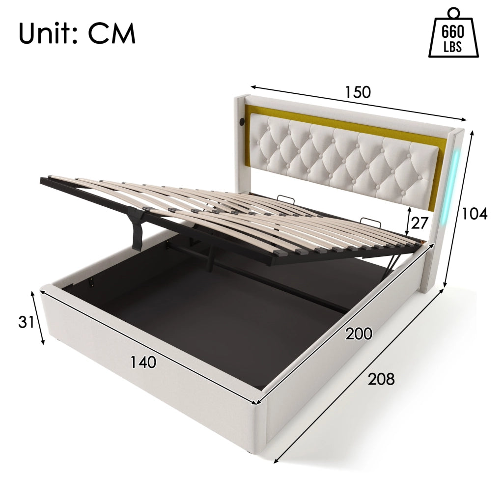 Letto matrimoniale 140x200 cm con contenitore; LED; USB e USB-C in cotone beige