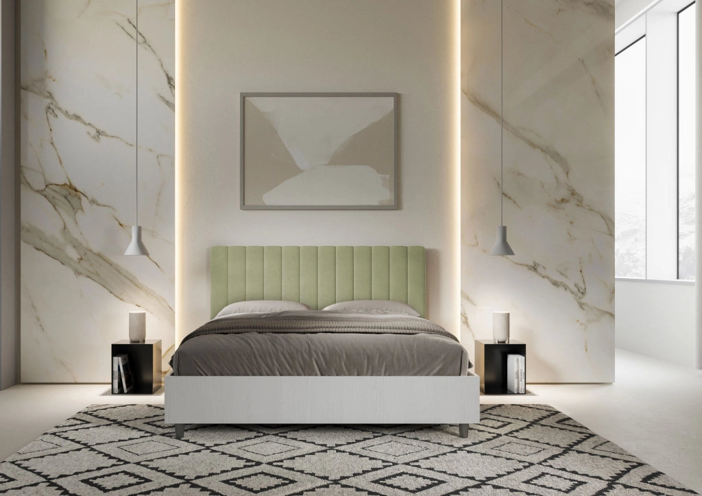 BS COM Letto matrimoniale con rete 160x190 bianco frassino testata microfibra tè verde