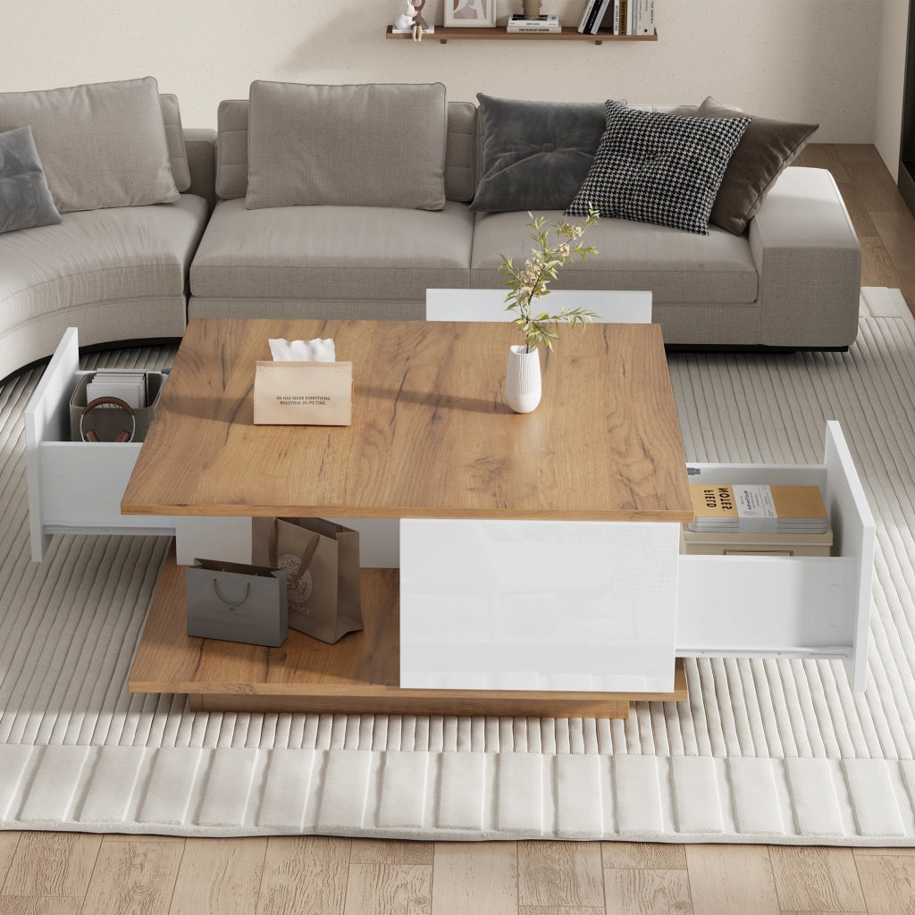 Tavolino basso quadrato con 3 cassetti e vano aperto in truciolare bianco e legno per soggiorno 70 × 70 × 31,5 cm