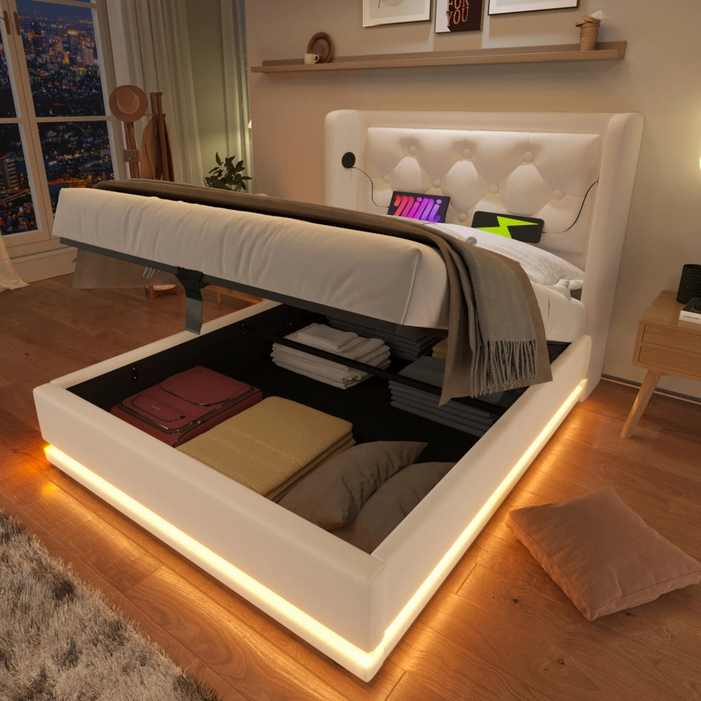 Letto singolo imbottito 90x200 cm con contenitore, LED a 3 lati e porte USB Type-C