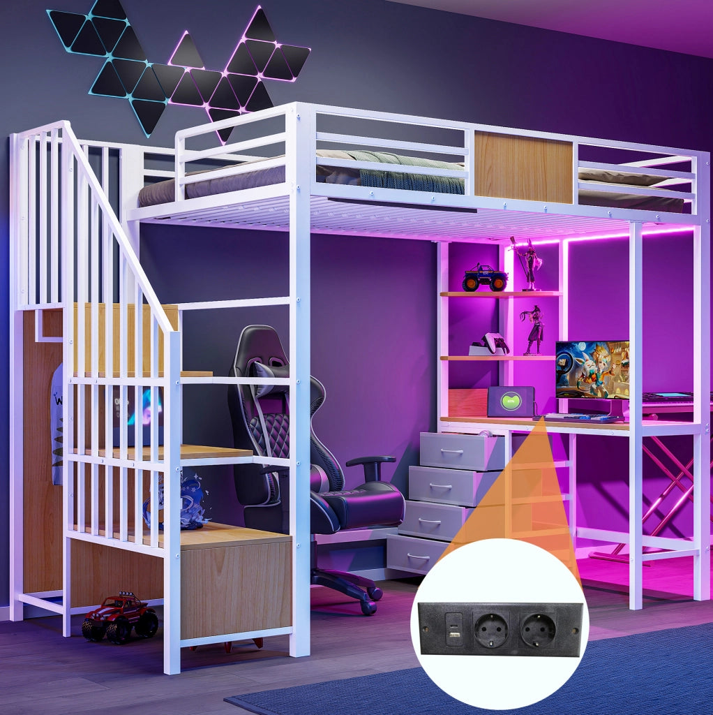 Letto a soppalco 90x200 cm bianco in metallo con scrivania, LED e presa