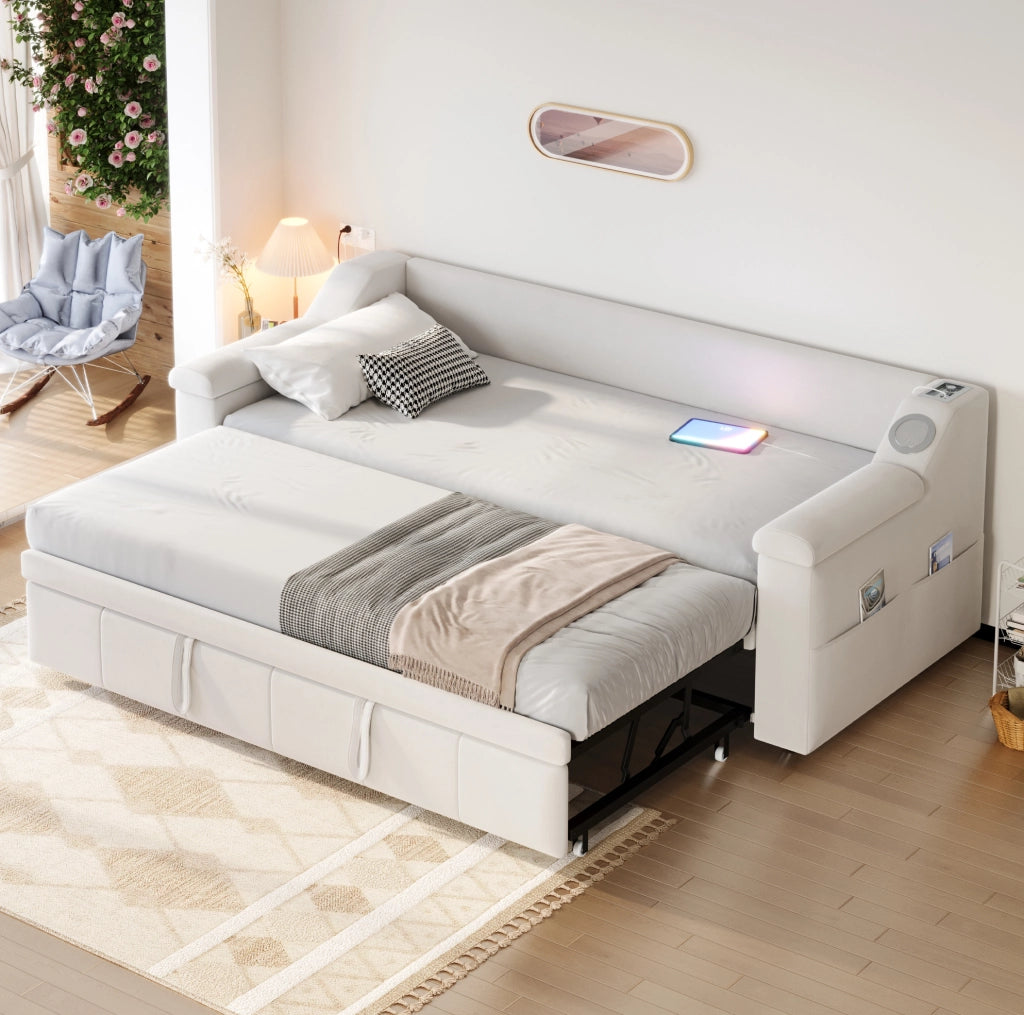 Divano letto imbottito in velluto beige 90x190 cm con braccioli spaziosi, stereo Bluetooth e ricarica USB