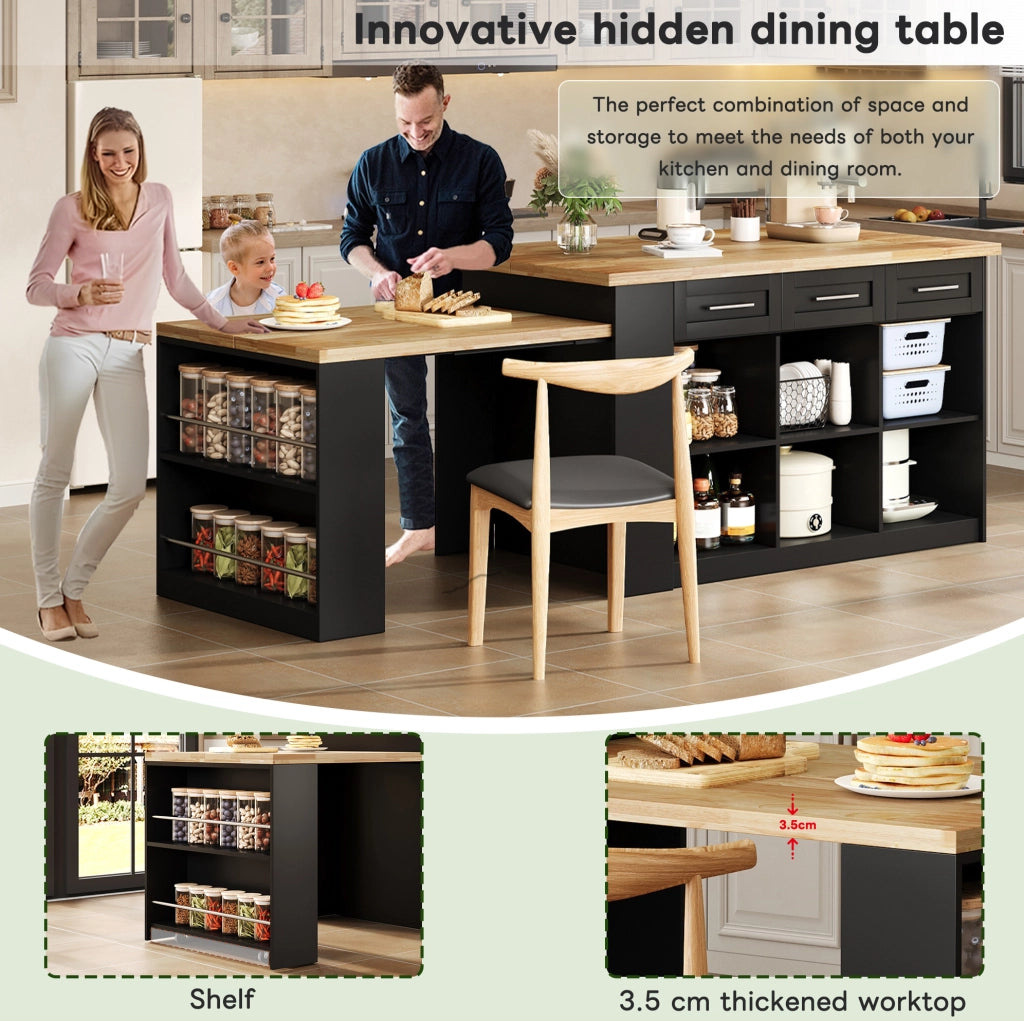 Isola da cucina 150x90x90 cm con tavolo estraibile 80x96 cm; MDF naturale e nero