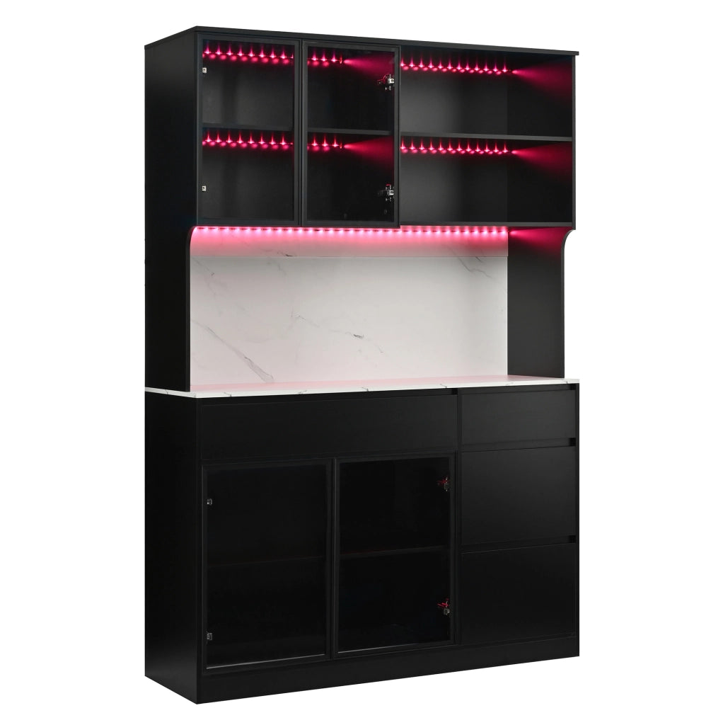 Mobile alto 120x40x180 cm bianco e nero con LED e ripiano effetto marmo HOMVRA
