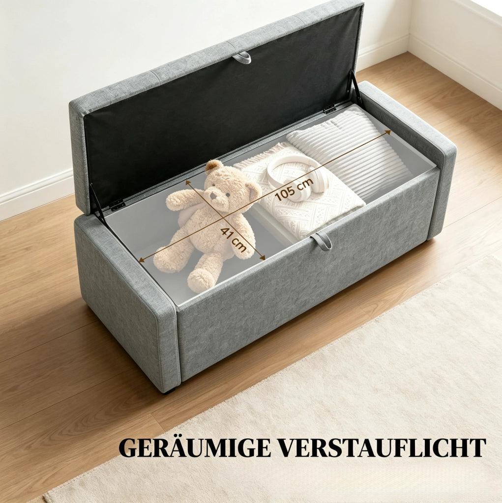 Panca contenitore moderna in lino grigio chiaro 122x48x44 cm per camera da letto