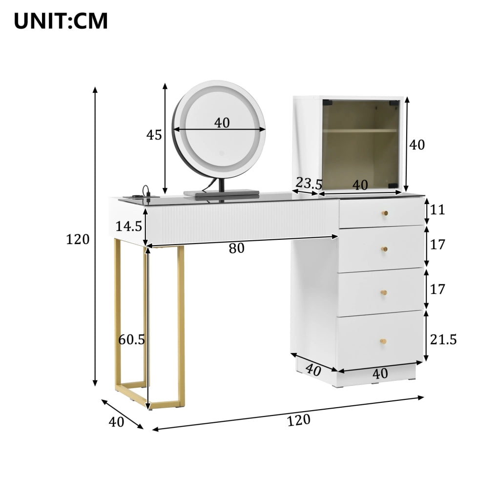 Tavolo da trucco 120x40x120 cm bianco in MDF e vetro, specchio LED e 5 cassetti