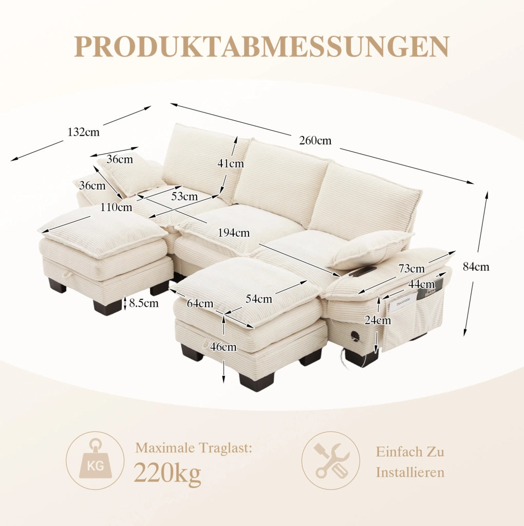 Divano modulare 3 posti beige in velluto a coste con 2 pouf, porta USB-C e comfort ergonomico