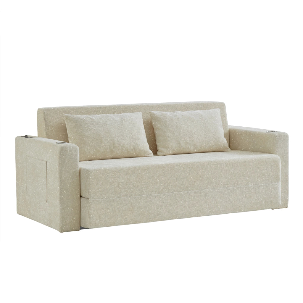 Divano letto 2 posti con funzione letto; USB; portabicchieri e tasche laterali in ciniglia beige