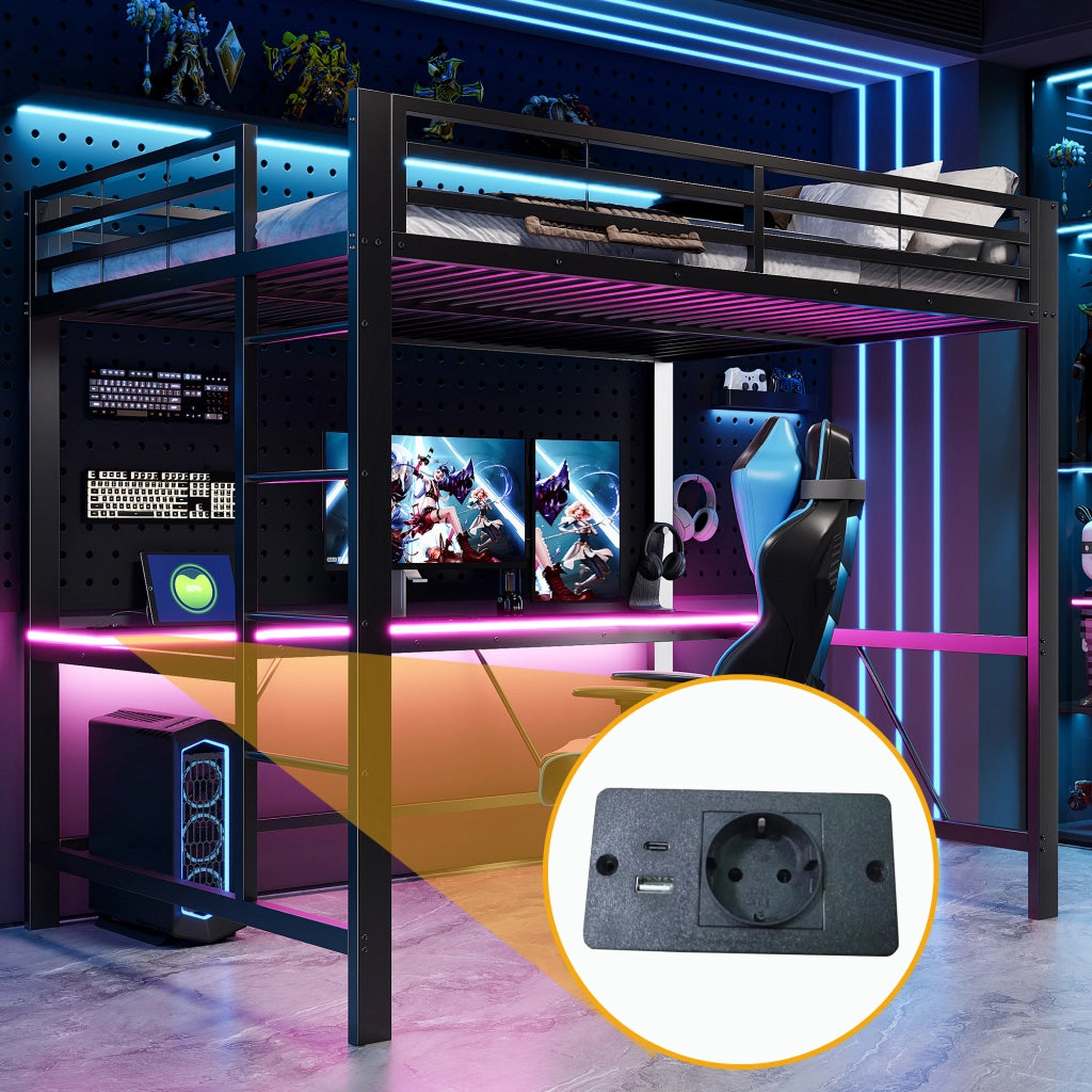 Letto a soppalco gaming in metallo con LED, USB e scrivania, 140x200 cm, nero