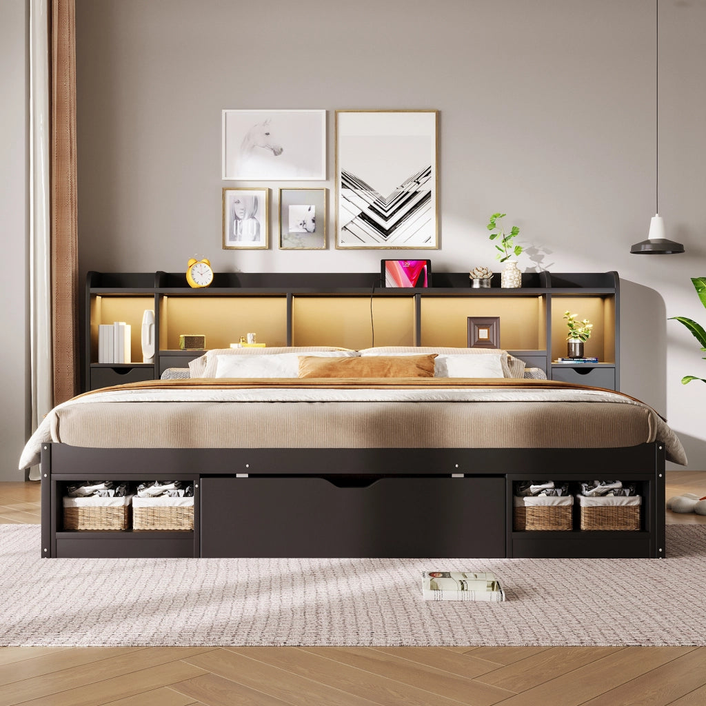 Letto con 3 cassetti e LED ¨C Minimal ¨C Nero 180x200cm