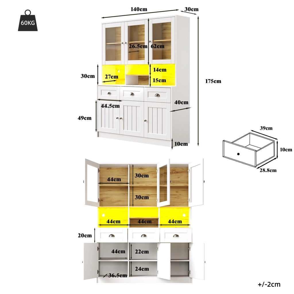 Dispensa alta da cucina in MDF bianco con ante in acrilico cassetti ripiani regolabili LED 140 × 40 × 175 cm