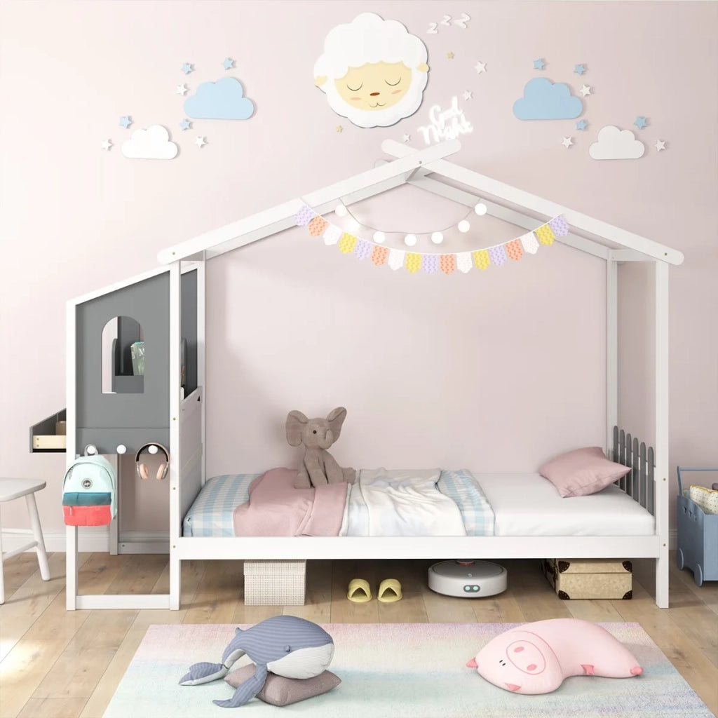 Letto Singolo a Forma di Casetta con Scrivania e Cassetti in Legno 200x90cm Bianco e Grigio per Cameretta Salvaspazio