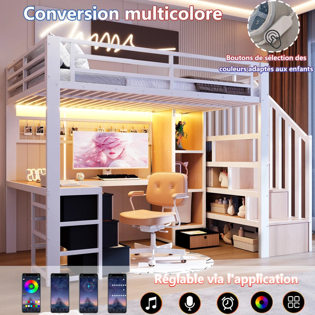 Letto a soppalco bianco 90x200 cm, struttura in ferro, con scrivania, scala contenitore, 4 cassetti, vano portaoggetti, griglia appendiabiti e striscia LED. Senza materasso
