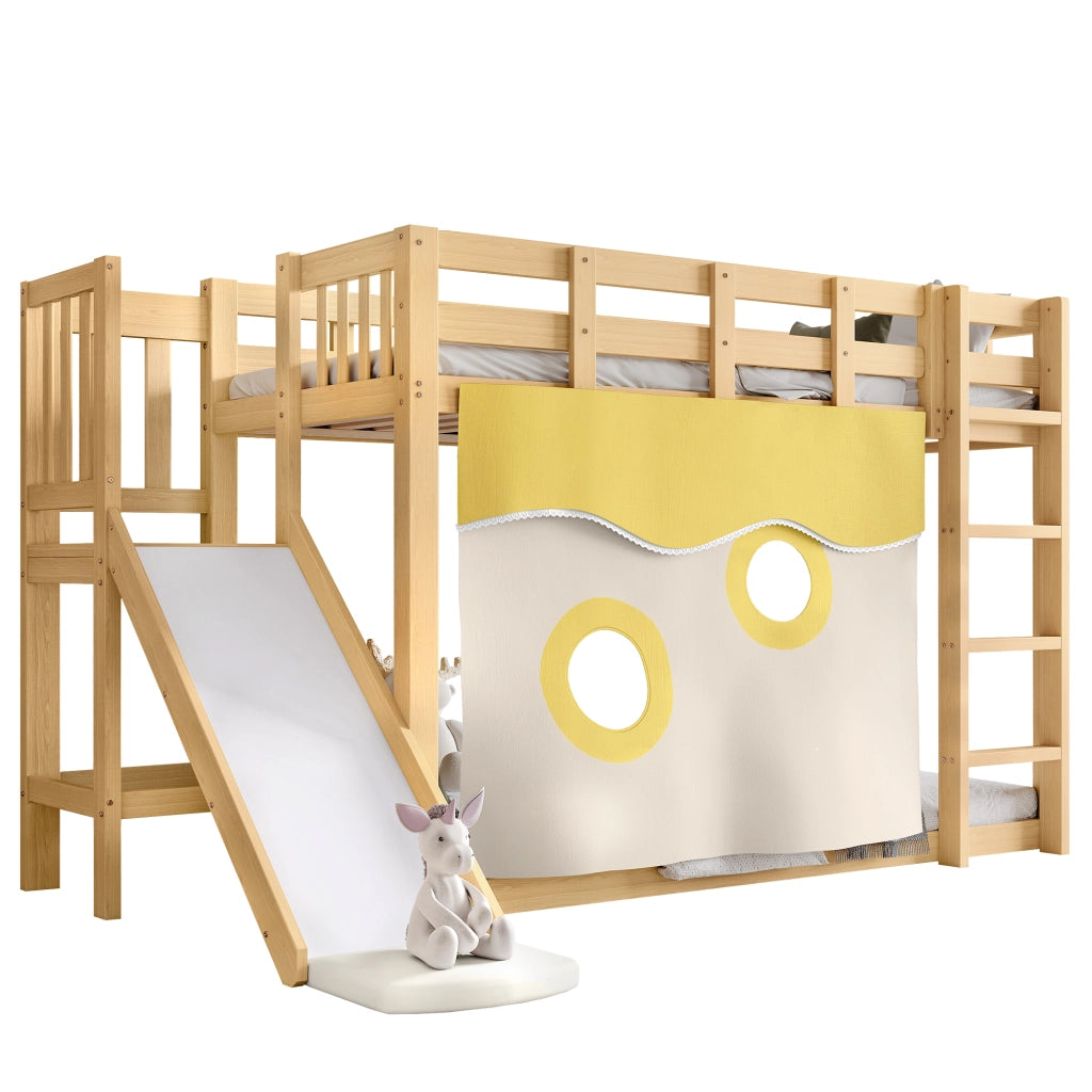 Letto a castello per bambini 90 × 200 cm con scala scivolo tende e protezione anticaduta in legno naturale