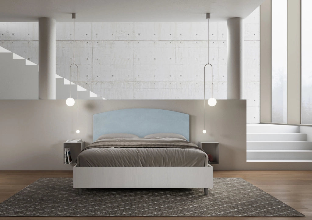BS COM Letto matrimoniale contenitore 160x200 bianco frassino testata microfibra azzurro