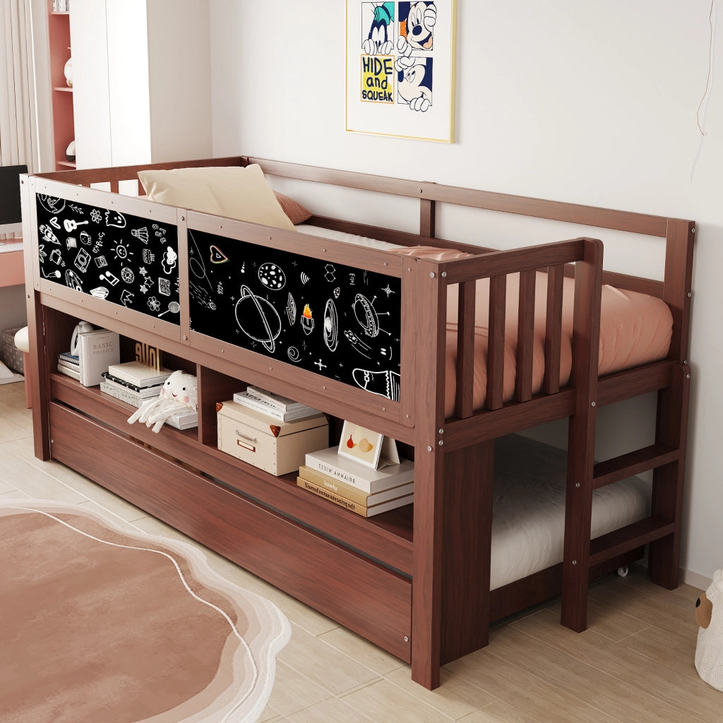 Letto a soppalco bambino 90×200 cm estraibile con lavagna; ripiani e scaletta; senza materasso; legno; marrone