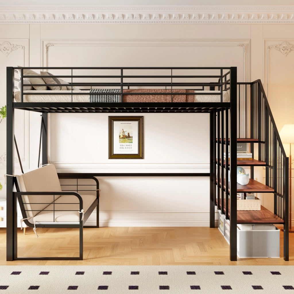 Letto a soppalco 140x200 cm per adulti con divano imbottito removibile; scala contenitore; metallo nero