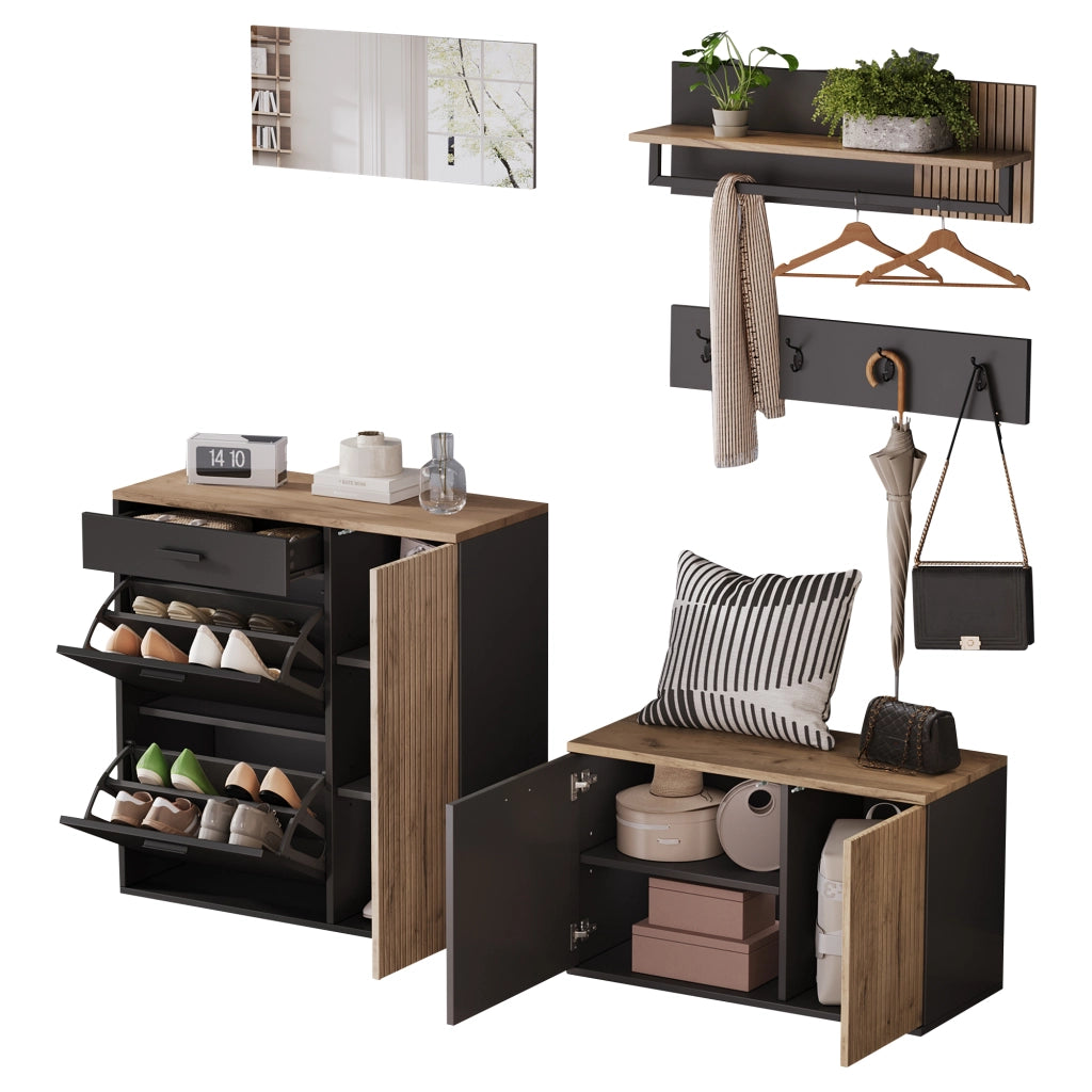 Set mobili da ingresso 5 pezzi; panca scarpiera da ingresso e armadietto; specchio e ganci; mobile da ingresso legno e nero