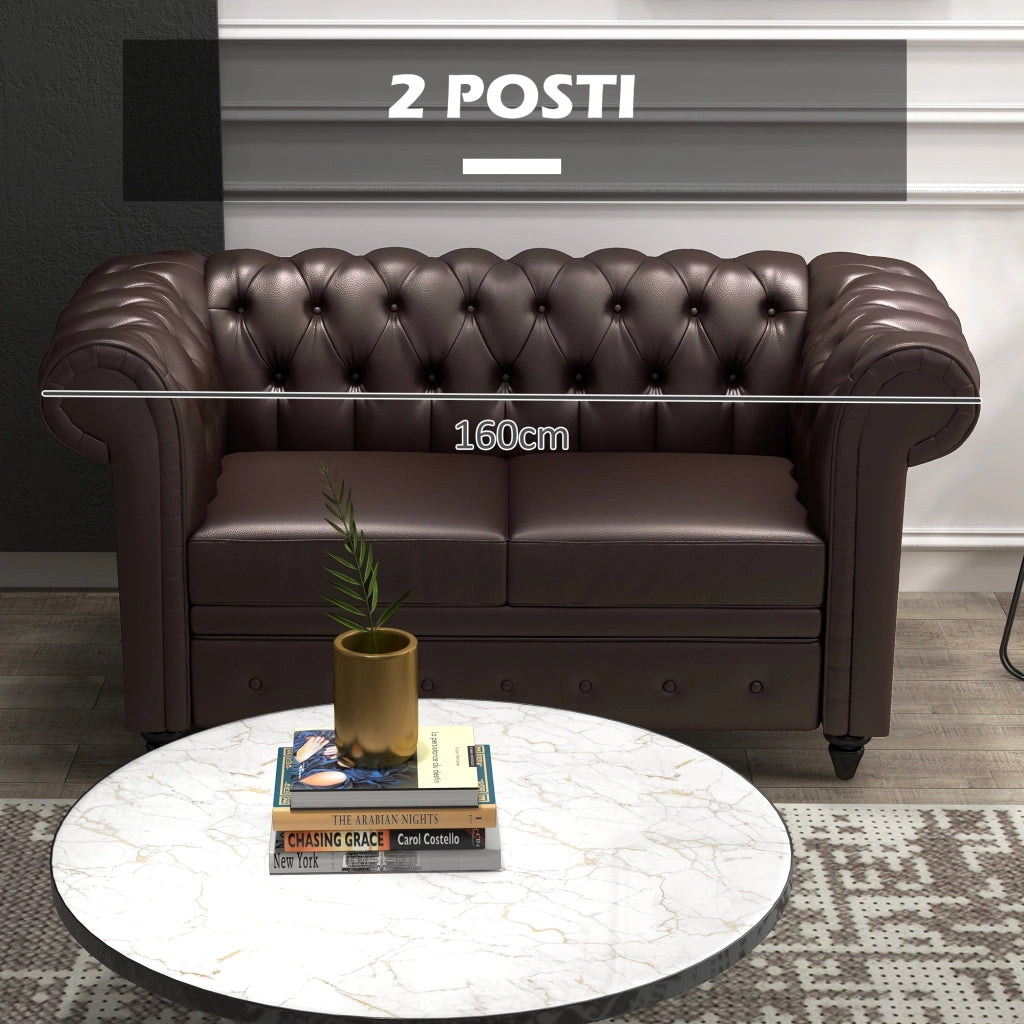 Divano 2 Posti Chesterfield in Ecopelle con Cuscino Rimovibile ¨C Minimal ¨C 160x84x80 cm Marrone