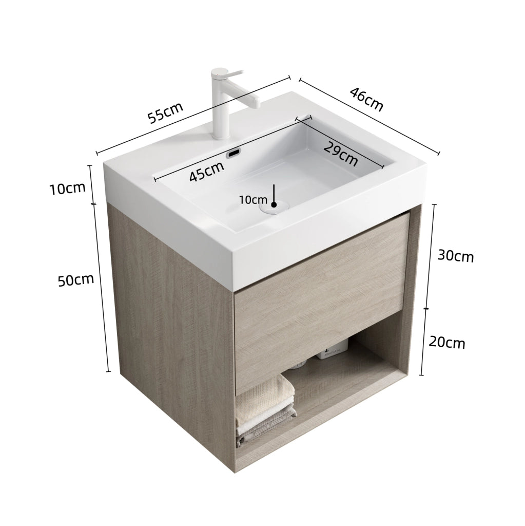 Mobile lavabo sospeso 55x46x60 cm in resina e compensato rovere chiaro