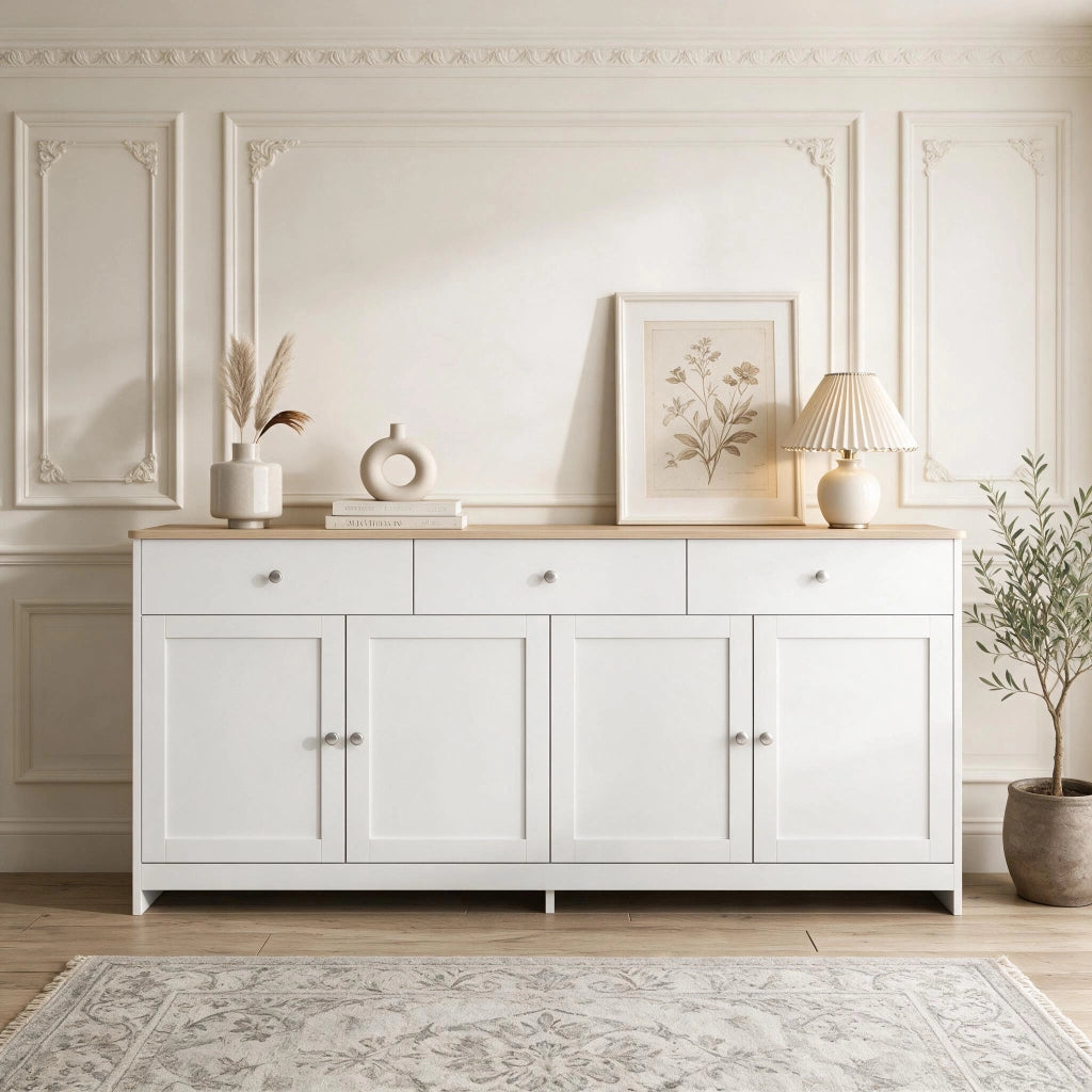 Mobiletto con cassetti 160x37x75 cm credenza 4 ante 3 cassetti ripiani regolabili in legno - bianco e naturale