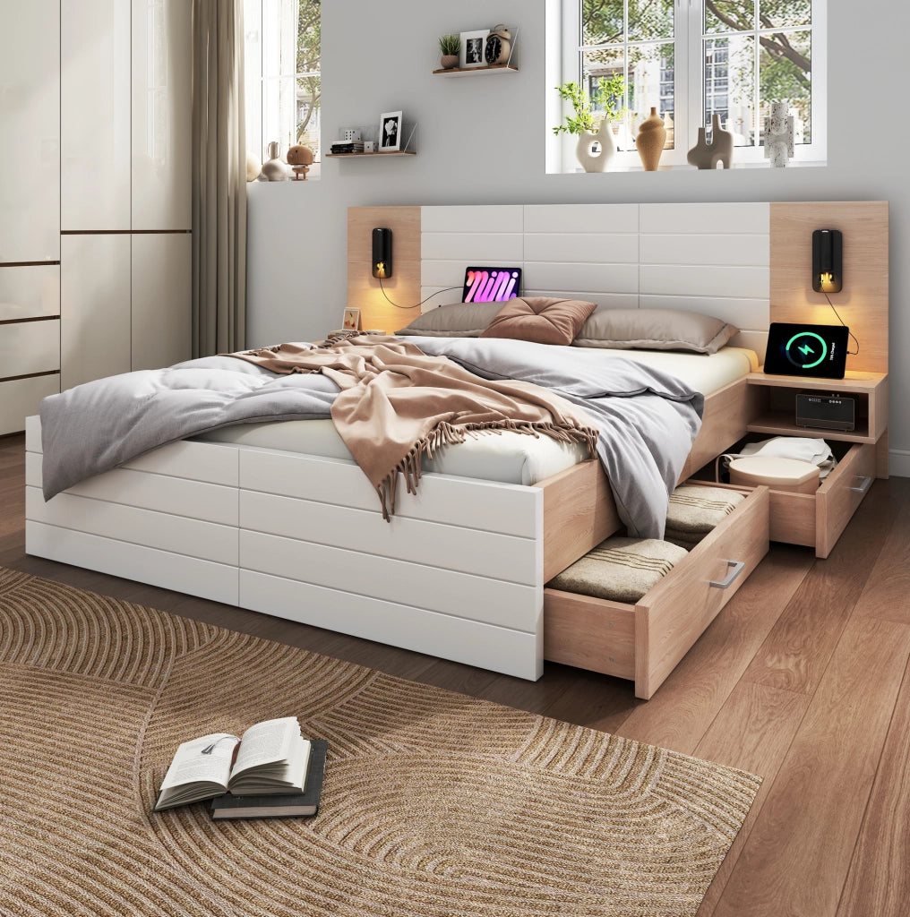 Letto matrimoniale 180x200 cm con comodini, cassetti, luce orientabile e USB
