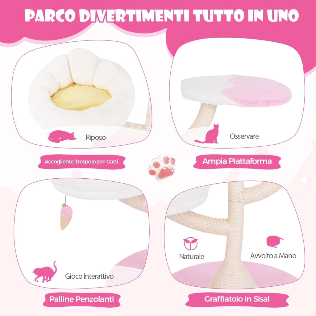 Albero per Gatti, Tiragraffi per Gatti con 2 Piattaforme, Palline Pendenti, Cuscini e Tiragraffi in Sisal, Centro Attività per Gatti Piccoli da Interno, 59 x 59 x 123 cm