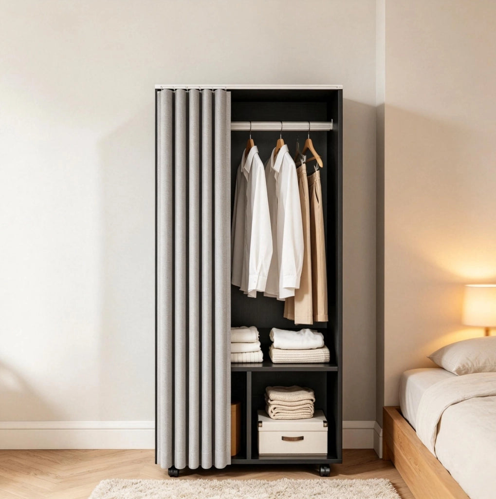 Appendiabiti mobile in pannelli truciolari con tendina opaca, struttura 60x40x128 cm, ideale per organizzare abiti in modo flessibile