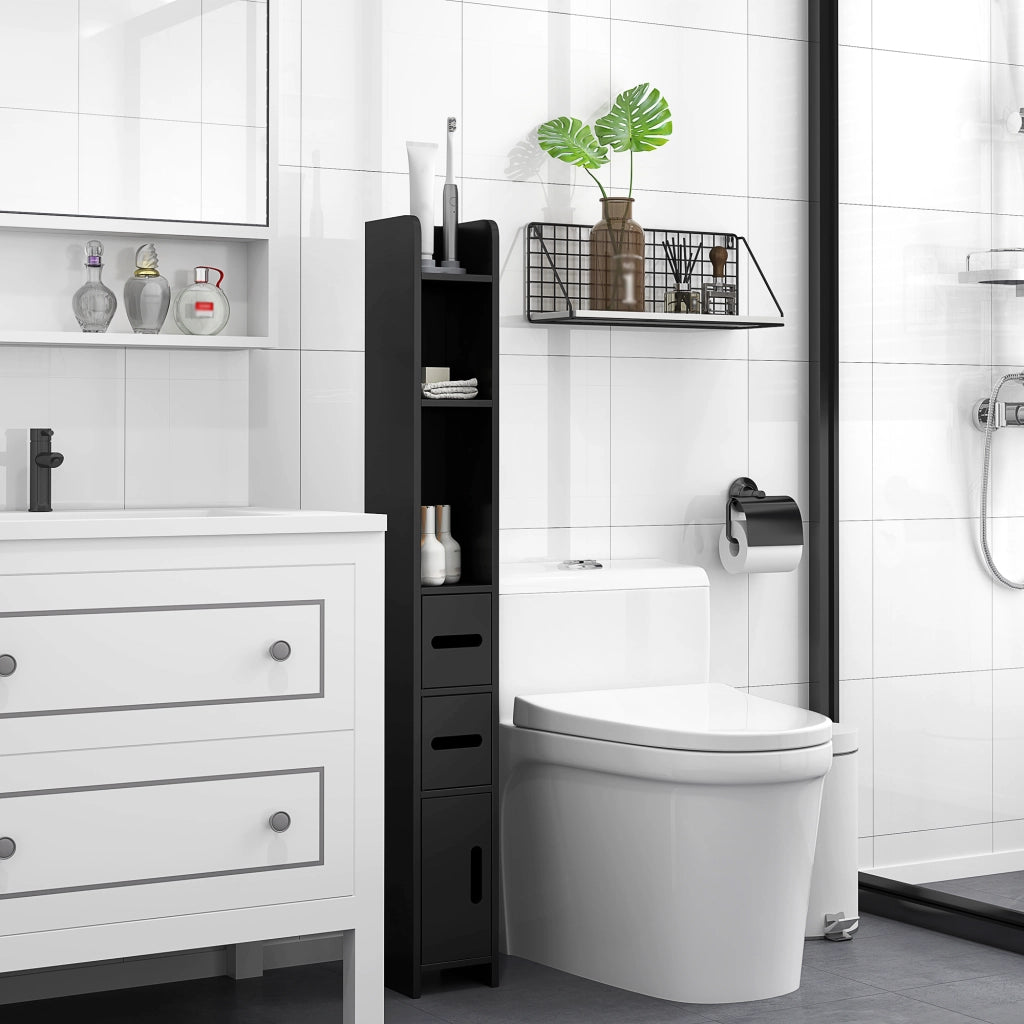 Colonna Bagno con Mensole e Armadietti ¨C Zephmum ¨C Legno 15x17x120cm Nero