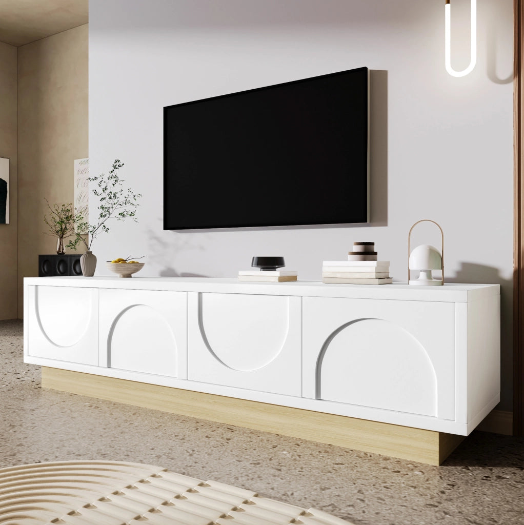 Mobile TV 175 cm con 4 ante push-to-open in MDF bianco e finitura color legno