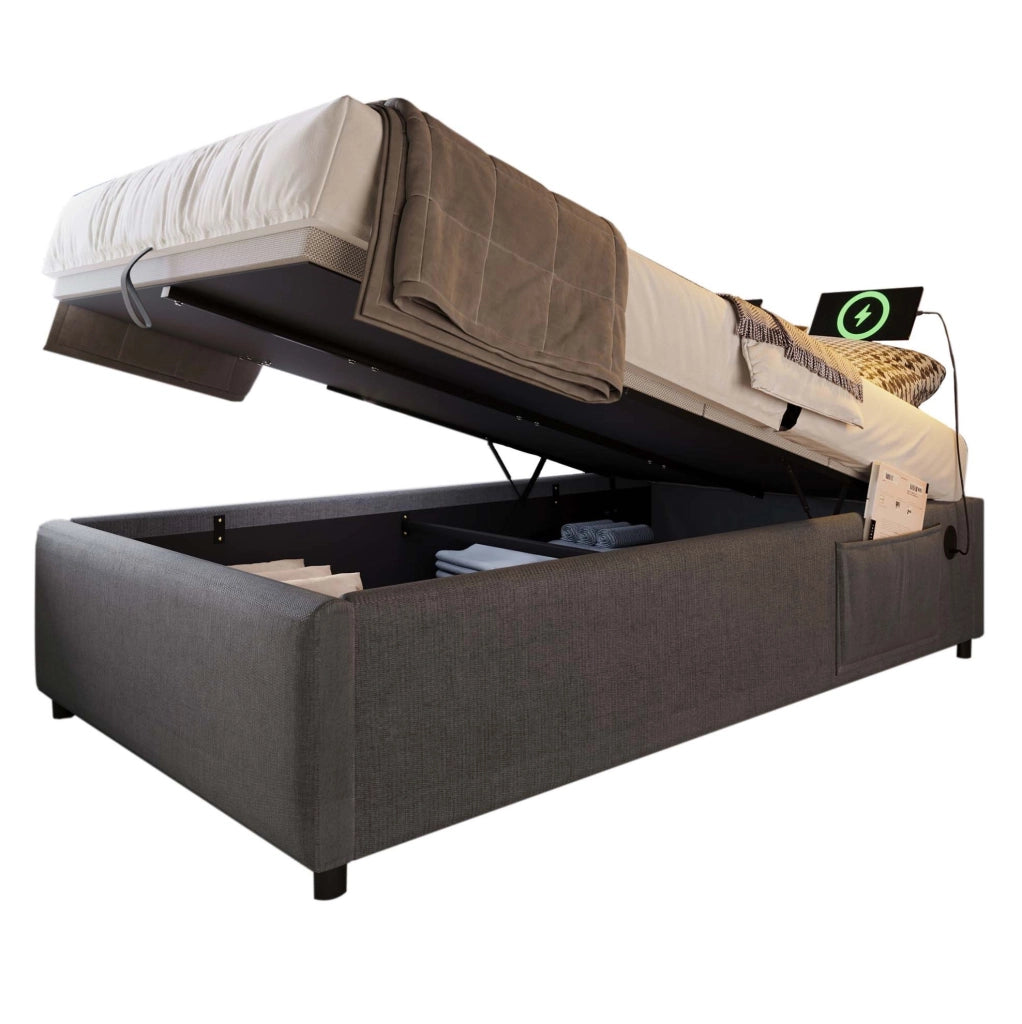 Letto contenitore 90 x 200 cm grigio con USB e Type-C