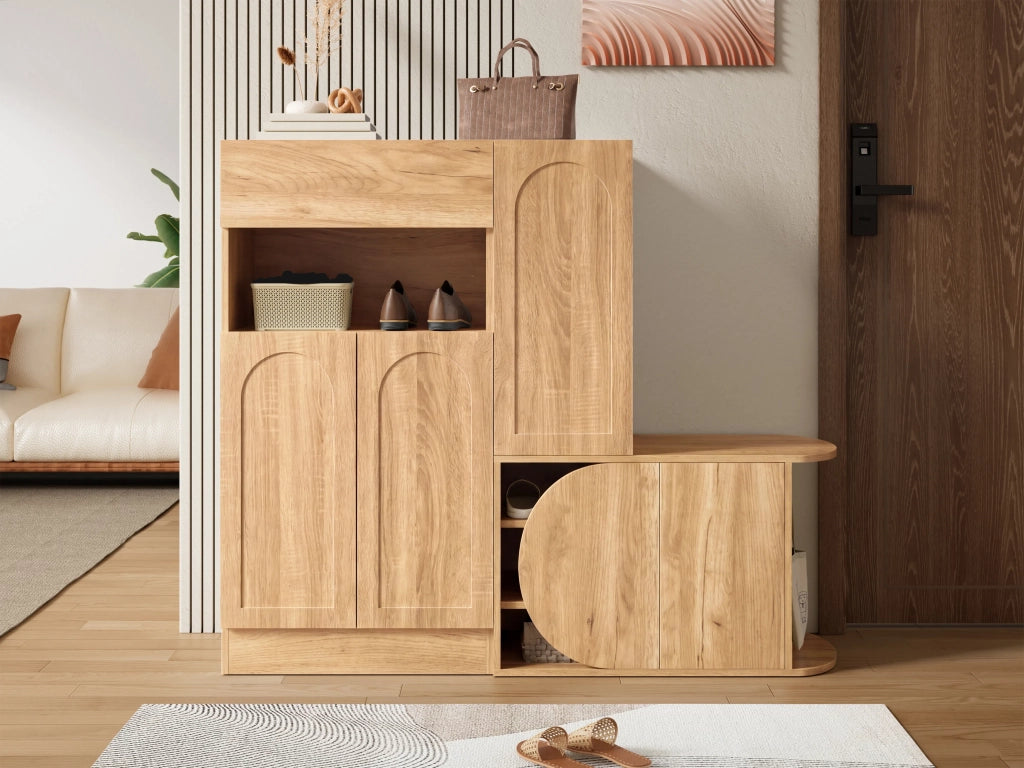 Scarpiera moderna con panca, 1 cassetto, 5 ante e ripiano aperto, grande capacità per ingresso, colore naturale, 130 × 35 × 110,5 cm
