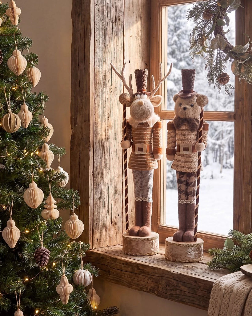 Set di 2 statuette schiaccianoci beige a forma di orso e renna fatte a mano, decorazioni natalizie