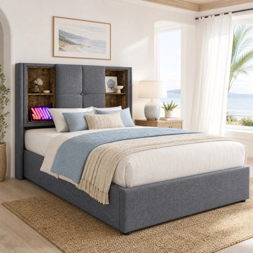 Letto 90x200 cm con contenitore, ricarica wireless USB e USB-C in cotone grigio