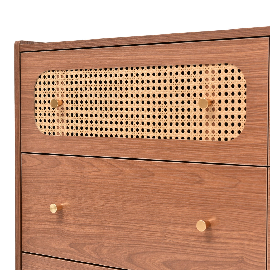Cassettiera con 6 cassetti e 2 pannelli in rattan, finitura noce, per camera da letto, legno e metallo, 120 × 40 × 90 cm