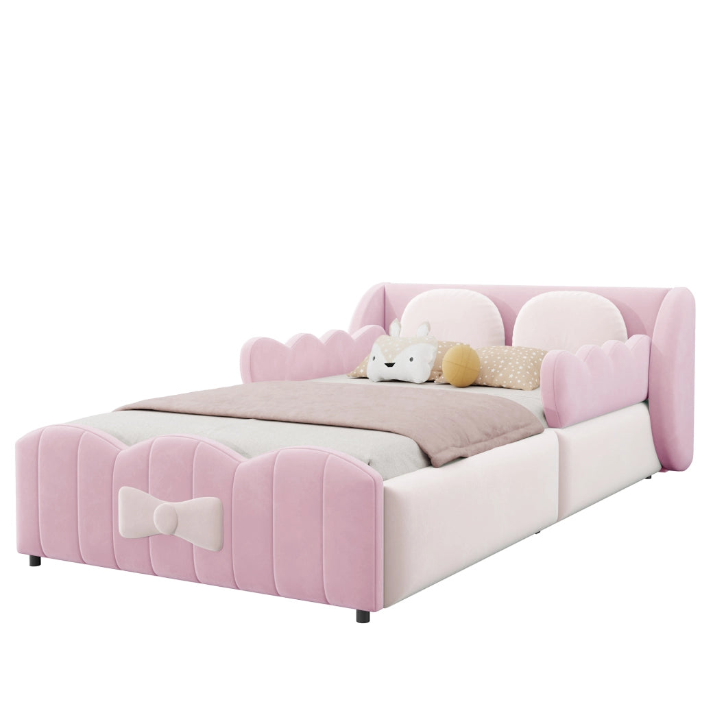 Letto per bambini imbottito 90 × 200 cm con contenitore idraulico in velluto rosa e due cuscini decorativi
